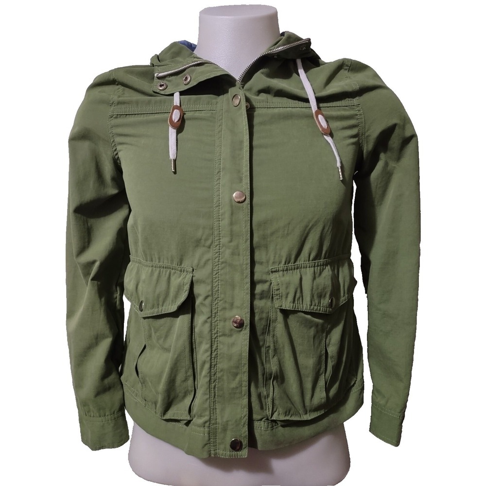 FOREVER 21 Jacket Women's S Hooded Full Zip Snap Lightweight Pockets Olive Green